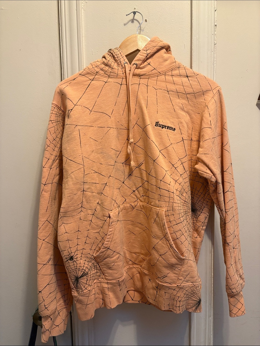 Supreme Peach Orange Spiderweb Pullover Hoodie Mens Large